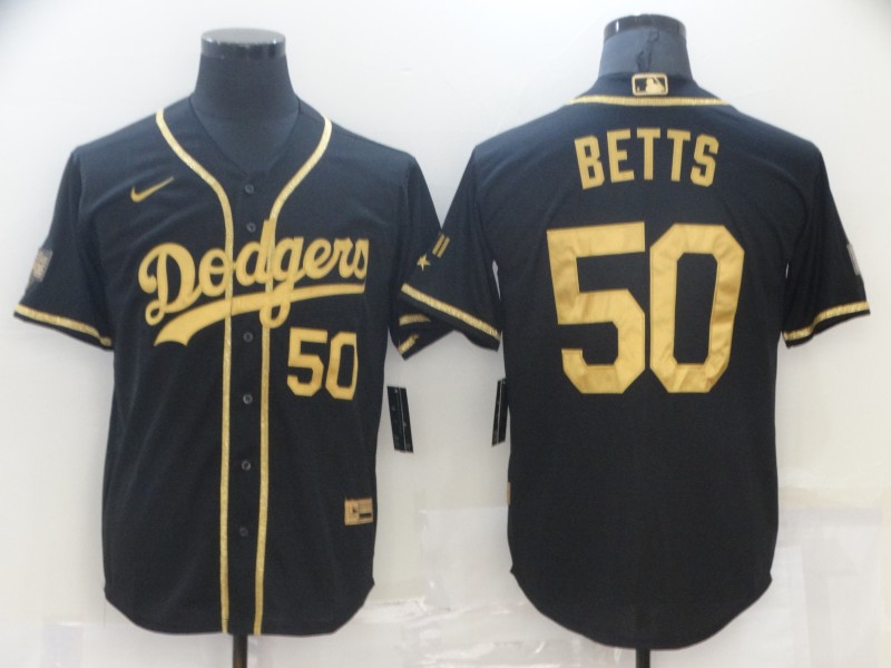 Men's Los Angeles Dodgers #50 Mookie Betts Black Gold 2020 World Series Stitched Jersey